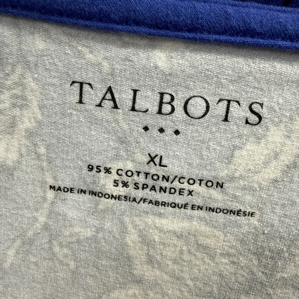 Talbots Women's Top Size XL Blue White Floral 3/4 Sleeves Cotton‎ Blend Pullover